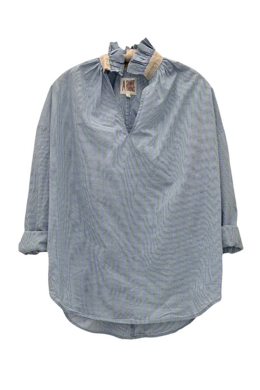 A Shirt Thing Blue Micro Check Ruffle Collar Oversized Popover Tunic Top